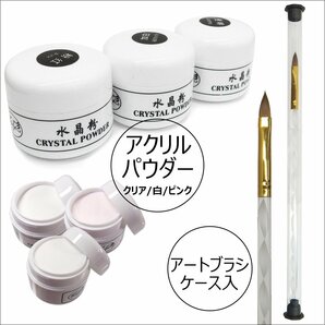 送料無料 スカルプ用 アクリルパウダー クリア 白 ピンク 3色セット ハーフチップ＆アートブラシ付き 透明 ホワイト レターパックの画像3