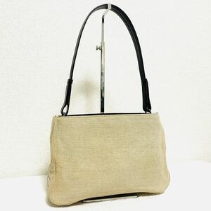 1円スタート！ 美品 PRADA プラダ キャンバス レザー ショルダーバッグ ポーチ クリーム ブラウン ワンショルダー 肩掛け ハンドバッグ 