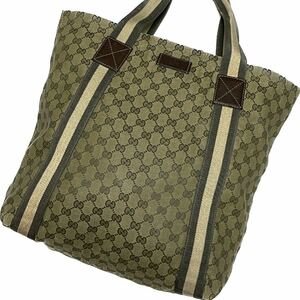 1円スタート！ 極美品 GUCCI グッチ GG キャンバス シェリーライン トートバッグ ハンドバッグ レザー カーキ グリーン メンズ レディース