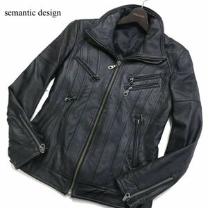 semantic design セマンティック デザイン 二重ジップ★ 羊革 ラム レザー シングル ライダース ジャケット Sz.M　メンズ 黒　I3T01567_A#N