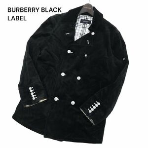 BURBERRY BLACK LABEL バーバリー ブラックレーベル 秋冬 ホース刺繍★ 裏ノバチェック ベロア Pコート Sz.L　メンズ 黒　I3T02327_B#N