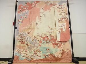 平和屋-こころ店■豪華振袖　駒刺繍　御所車花鳥文　金彩　高島屋扱い　ロング丈　着丈171cm　裄丈64.5cm　正絹　逸品　A-ja4738