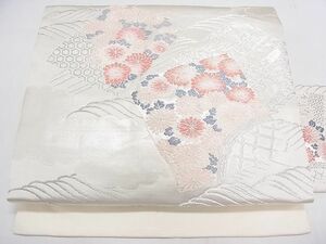 平和屋2■九寸名古屋帯　唐織　色紙吉祥花文　銀糸　逸品　ab4110