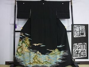 平和屋2■野口真造　大彦二代目　江戸染繍友禅　黒留袖　刺繍　立波風景文　金糸　逸品　ic8849