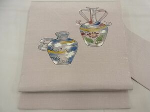 平和屋野田店■九寸名古屋帯　手描き　陶器文　お召縮緬　逸品　n-ea0564