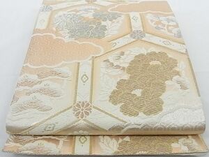 平和屋-こころ店■六通柄袋帯　唐織　雲取り亀甲花文　金銀糸　正絹　逸品　b-fw0572