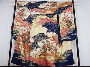 平和屋-こころ店■豪華振袖　駒刺繍　雲重ね花車文　金彩　着丈149cm　裄丈66.5cm　正絹　逸品　1A-ma112