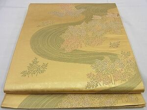 平和屋野田店■西陣　六通柄　蒔絵の世　梅鶯流水草時　金糸　袋帯　逸品　n-cw0546