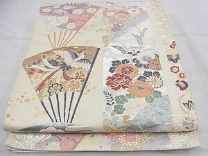 平和屋野田店■六通柄袋帯　唐織　鳳凰扇面花蝶文　金銀糸　逸品　n-bg0297