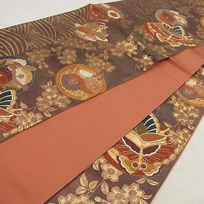 平和屋野田店■六通柄袋帯 唐織 枝垂れ桜花蝶丸文 金糸 逸品 n-wu0518の画像3