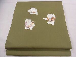 平和屋野田店■塩瀬　九寸開き名古屋帯　作家物　手描き　唐子　逸品　1fb0397