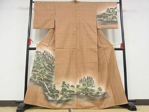 平和屋-こころ店■訪問着　手描き　紬地　風景文　着丈162.5cm　裄丈64cm　正絹　逸品　B-zg7602