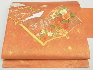 平和屋2■九寸名古屋帯　駒刺繡　冊子花文　金糸　逸品　ea1065