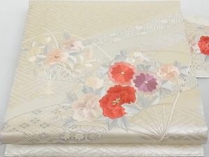 平和屋-こころ店■九寸名古屋帯　刺繍　扇面花文　金銀糸　正絹　逸品　A-gk523