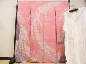 平和屋-こころ店■豪華振袖 長襦袢（無双仕立て）セット 刺繍 枝垂桜 暈し染め 金彩 銀通し地 着丈167cm 裄丈68cm 正絹 逸品 A-ta7250