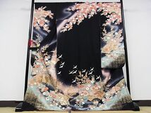 平和屋-こころ店■豪華振袖　舞扇花文　鶴　暈し染め　金彩　黒地　着丈171.5cm　裄丈69cm　正絹　逸品　B-ag5610_画像1