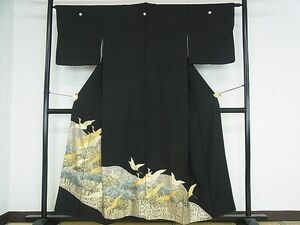 平和屋2■豪華黒留袖　飛鶴花松文　本金箔　逸品　sf3104