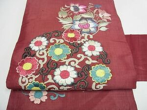 平和屋2■アンティーク　大正ロマン　九寸名古屋帯　総刺繍　洋花唐草文　逸品　tw4547