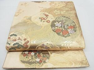 平和屋野田店■六通柄袋帯　唐織　流水花鳥絵皿　金糸　逸品　n-ow0546