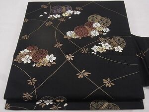 平和屋1■九寸名古屋帯　唐織　鼓花文　黒地　金糸　逸品　1fb0481