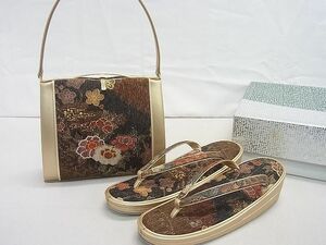 平和屋2■和装小物　バッグ・草履セット　草花　金彩　逸品　未使用　aaa5513