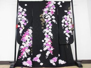 平和屋-こころ店□極上 大正の浮世絵師 竹久夢二 夢二ロマン 振袖 刺繍 舞花文 薔薇 黒地 金銀糸 着丈171cm 裄丈68cm 正絹 逸品 3kk2245