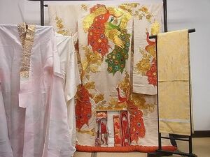 平和屋1■色打掛 掛下・長襦袢・名古屋帯・小物セット 和装　婚礼　結婚式　花嫁　神社挙式　駒刺繍　孔雀牡丹梅文　金糸　逸品　gh5951