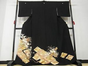 平和屋-こころ店■豪華黒留袖　駒刺繍　花車文　金彩　着丈167cm　裄丈65.5cm　正絹　逸品　A-ja5060