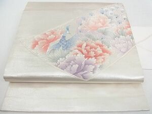 平和屋2■九寸名古屋帯　駒刺繍　孔雀花文　逸品　wb9018