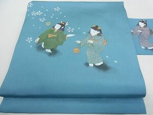 平和屋2■塩瀬　九寸名古屋帯　童子遊び　舞桜　金彩　手描き　逸品　wb9022