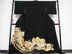 平和屋-こころ店■豪華黒留袖　駒刺繍　花絵巻文　金彩　着丈161cm　裄丈66cm　正絹　逸品　B-oa7684