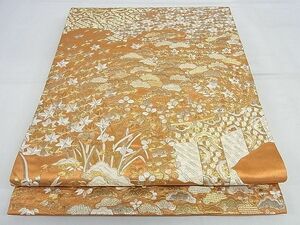 平和屋-こころ店■銀座きしや　太鼓柄袋帯　総刺繍　草花文　金銀糸　たとう紙付き　正絹　逸品　B-jd5110