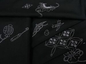 平和屋-こころ店■上質な紬　刺繍　刺し子　宝尽くし　黒地　着丈156cm　裄丈62.5cm　正絹　逸品　B-ph9035