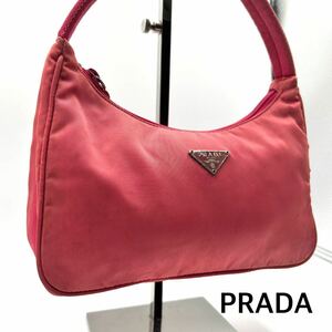 美品 PRADA プラダ アクセサリーポーチ ハンドバッグ ミニバッグ ナイロン ピンク pink ロゴプレート 三角ロゴ 白タグ レディース