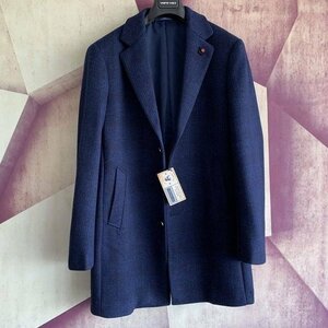 DY-XXHH【実寸48 S-M程度】北欧 高級セレブdesigner*紺 新品 *wool混 大人の豪華リアルラビッ 肉厚 ウール チェスターコート