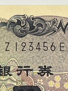 額面千円　表面野口英世　裏面逆さ富士（本栖湖からの富士山の眺め）と桜　記番号色Z123456E　黒色　発行開始日2004年