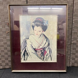 J342-O15-4345 油彩画 絵画 美人画 舞妓 人物画 額装 小磯良平？ アート インテリア 約縦60×横51×奥5cm ②