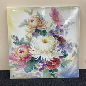 J317-C4-957 Meissen マイセン プラーク 陶板画 菊 花 陶器 スクエア プレート 壁掛け インテリア 約縦35.5×横35cm ②