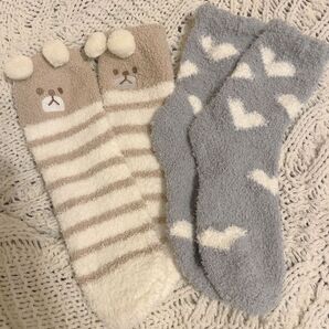 モコモコ 靴下 くま ハート ボーダー