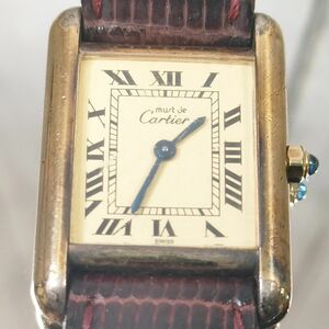 カルティエ マストタンク Cartier ARGENT 925 クォーツ 腕時計 レディース 革ベルト アイボリー文字盤 不動品 【15068