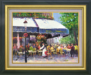 油彩画 洋画 肉筆絵画 セレクトアート (額縁 フレーム付き) サイズF6号 山下 大希 「街角のカフェ」 8116 F6 グリーン