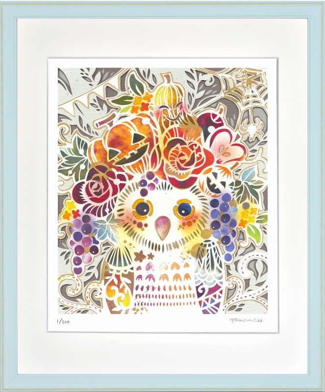Giclee print framed painting Tomomi Hiraishi Halloween decoration owl cut into four pieces, artwork, print, others