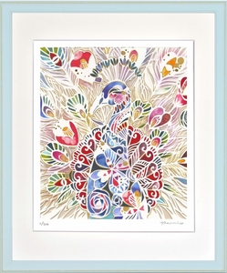 Art hand Auction ジークレー版画 額装絵画 平石智美 ｢孔雀の花束｣ 四ッ切, 美術品, 版画, その他