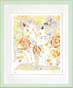 Art hand Auction ジークレー版画 額装絵画 平石智美 ｢黄色のバラと2匹のねこ｣ 四ッ切, 美術品, 版画, その他