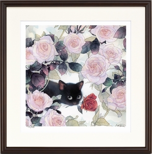 Art hand Auction Impression giclée, peinture encadrée, Natsuki Natsuki Roses et Chats 300mm carré, Ouvrages d'art, Impressions, autres