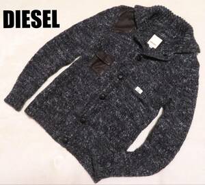 美品 DIESEL ディーゼル アルパカウールミックスニットジャケット カバーオールセーター 牛革 エルボーパッチ メンズ ヘビーカーディガン