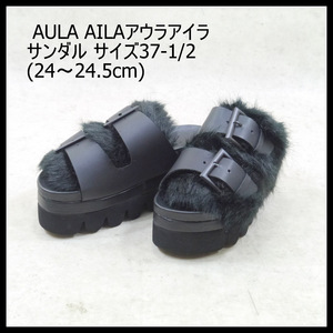 39未使用アウラアイラAULA AILAサンダル厚底サイズ37-1/2(24～24.5cm)ファー 黒ブラック女性レディース 靴シューズ新品CODE.9定価19,000円