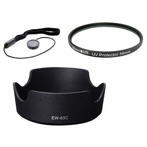 3点セット EW-63C 互換 RF24-50mm F4.5-6.3 IS STM対応 レンズフードと UVフィルター 58mmと レンズキャップ紛失防止ホルダーのセット