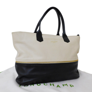 1円 ■ 極美品 ロンシャン トートバッグ レザー ホワイト×ブラック系 お買い物 LONGCHAMP ■E.Ber.oN-15