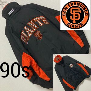 90s Vintage■LOGO7■MLB SF Giants 中綿 スタジャン L ブラック オレンジ 刺繍 オフィシャル LOGO SEVEN サンフランシスコジャイアンツ